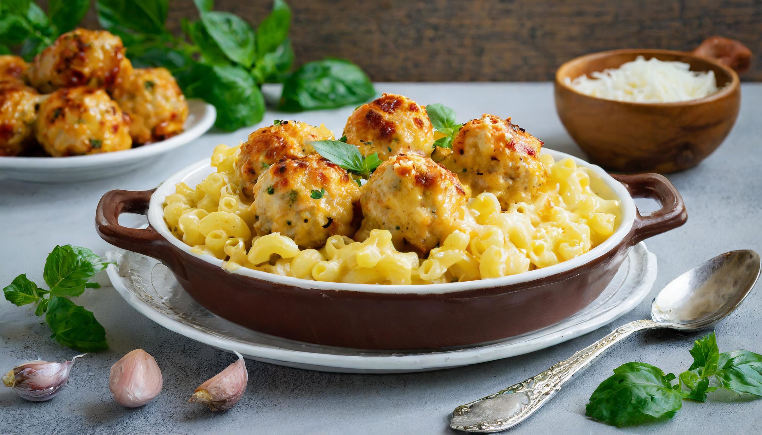 Baked mac & cheese with chicken meatballs