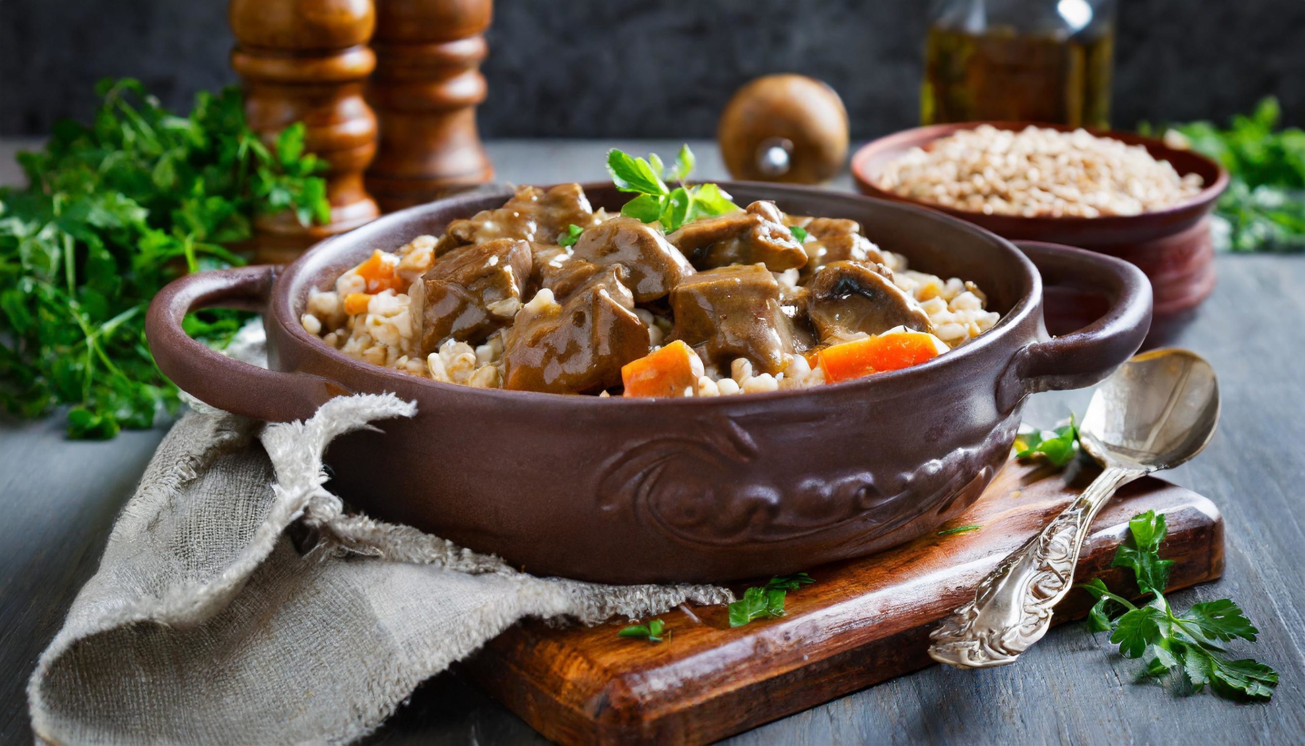 Beef and barley stew with mushrooms