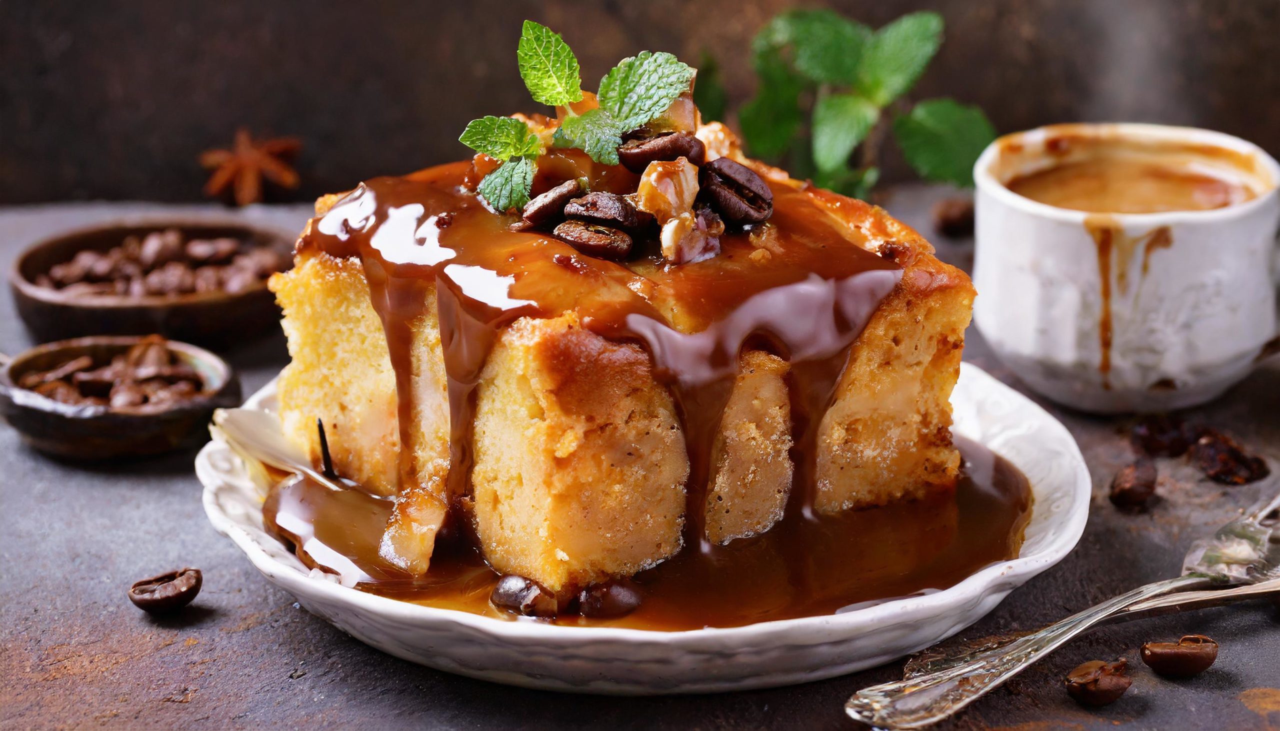 Coffee liqueur bread pudding with caramel sauce