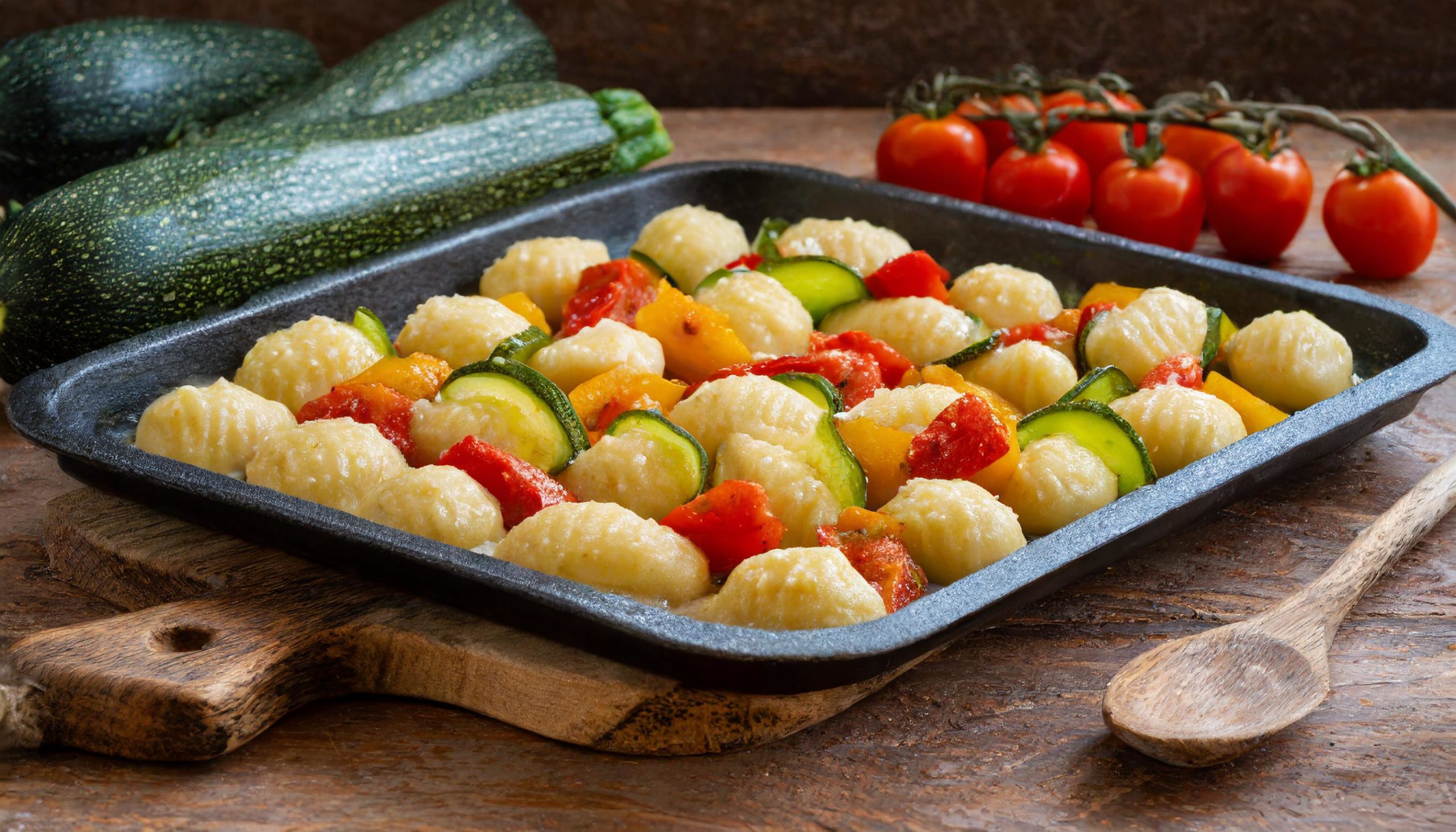 Gnocchi with zucchini, tomatoes, and bell peppers