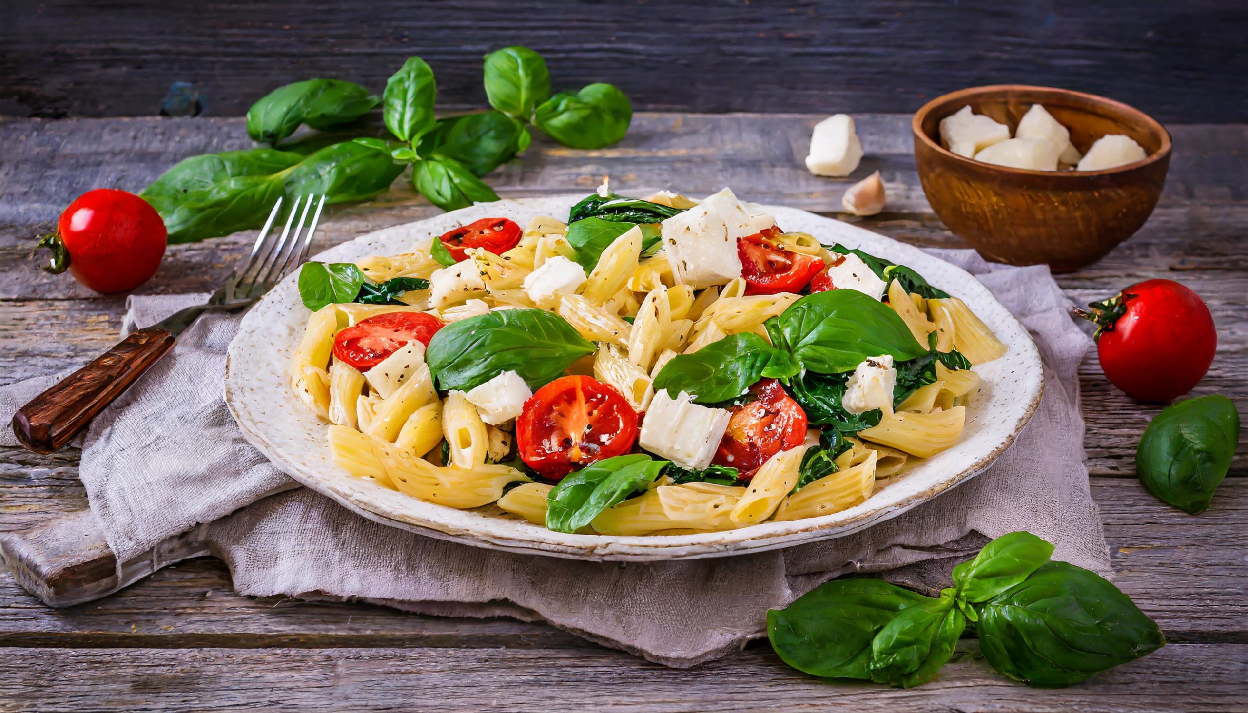 Pasta with tomato, spinach, basil, and brie