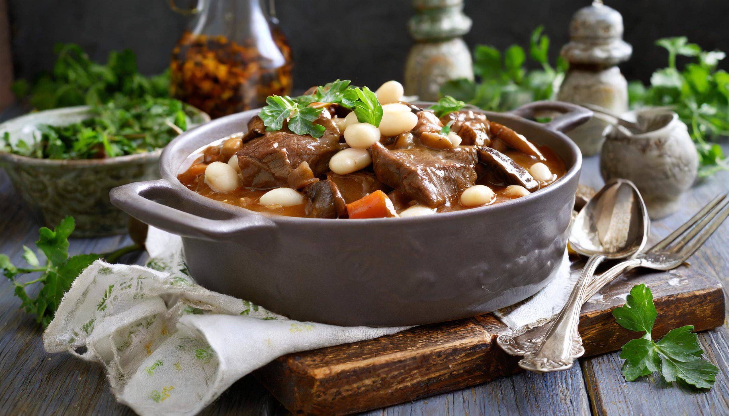 Quick beef stew with mushrooms and white beans