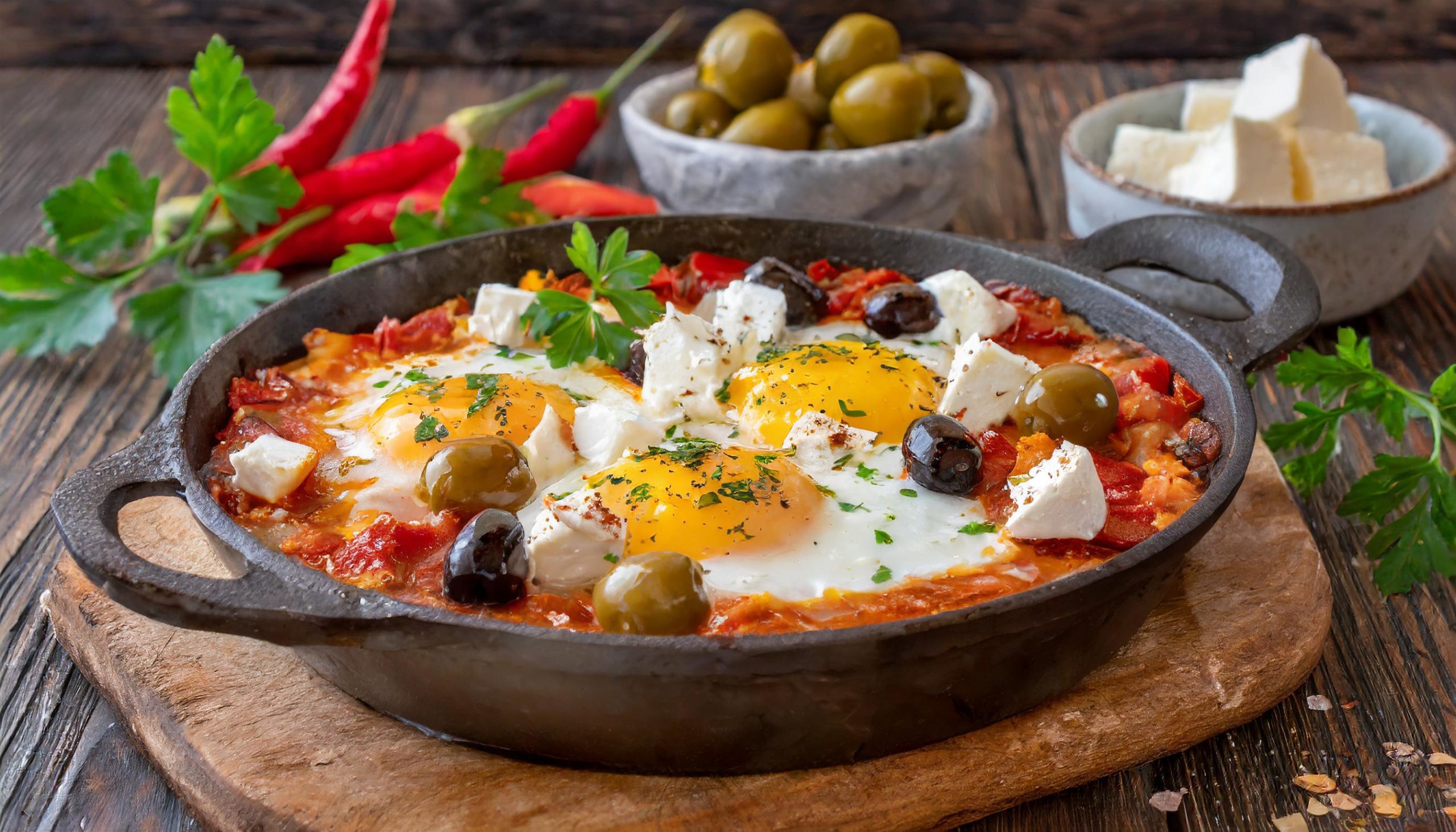 Shakshuka with feta, olives, and peppers