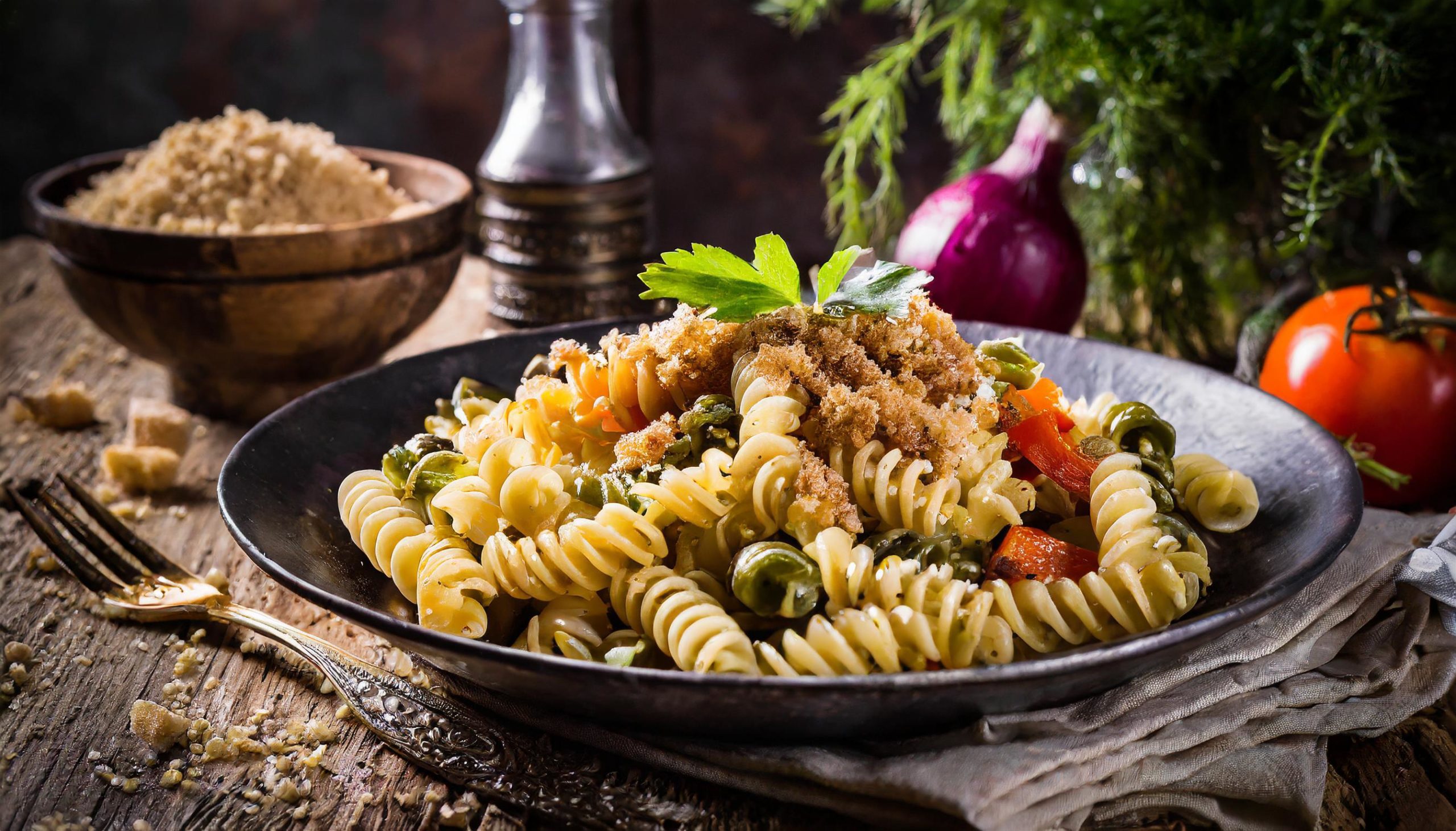 Fusilli with spring vegetables and breadcrumbs