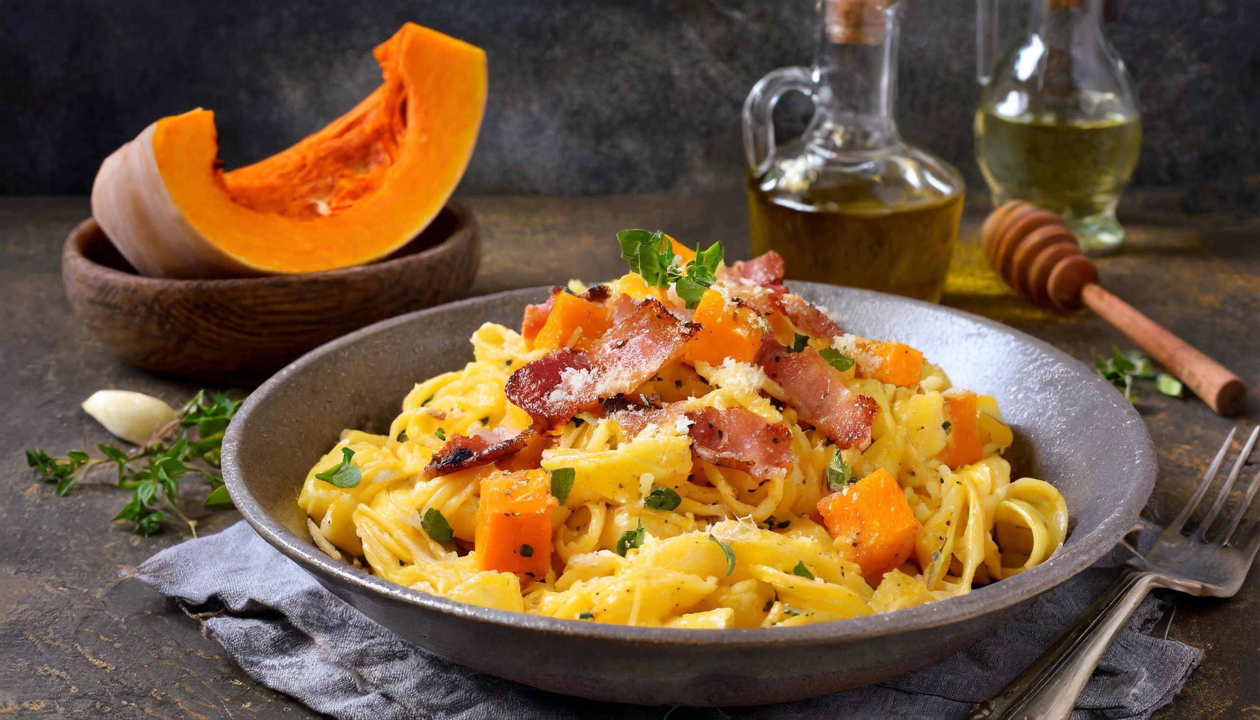 Pasta with butternut squash, bacon, and brown butter